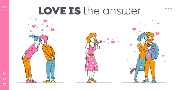 Love Relation Landing Page Template (en inglés). Feliz pareja amorosa besándose. Los personajes de hombre y mujer pasan tiempo abrazándose y regocijándose con corazones alrededor. Chica enviar beso de aire, gente lineal Vector Ilustración — Archivo Imágenes Vectoriales