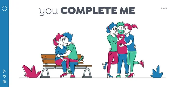 Plantilla de Landing Page de Kissing People. Pareja coqueteando en el banco en Summer Park. Jovencitas besan a Gigolo Man. Personajes pasan tiempo juntos, Enamorarse, Citas Sparetime. Ilustración de vectores lineales — Archivo Imágenes Vectoriales