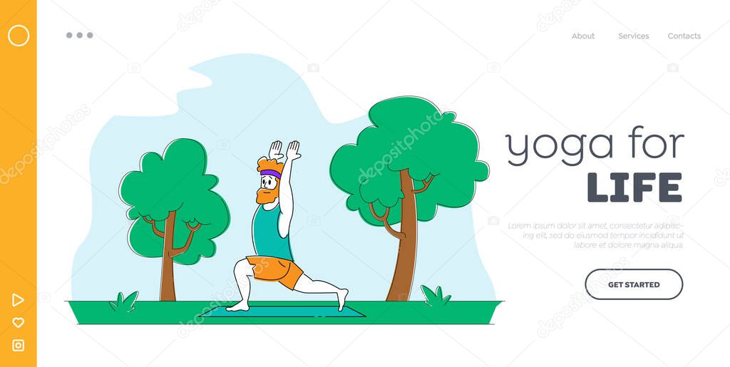 Sport Life Activity Landing Page Template. Man Yoga Asana or Aerobics Exercise Standing with Hands Up in City Park Landscape Background. Male Character Healthy Lifestyle. Linear Vector Illustration