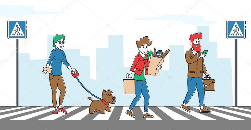 People Characters Walking at Town Street Crossing Road and Crosswalk with Traffic Lights in City Center. Blind Woman with Dog, Men with Grocery and Mobile, Busy Urban Life. Linear Vector Illustration