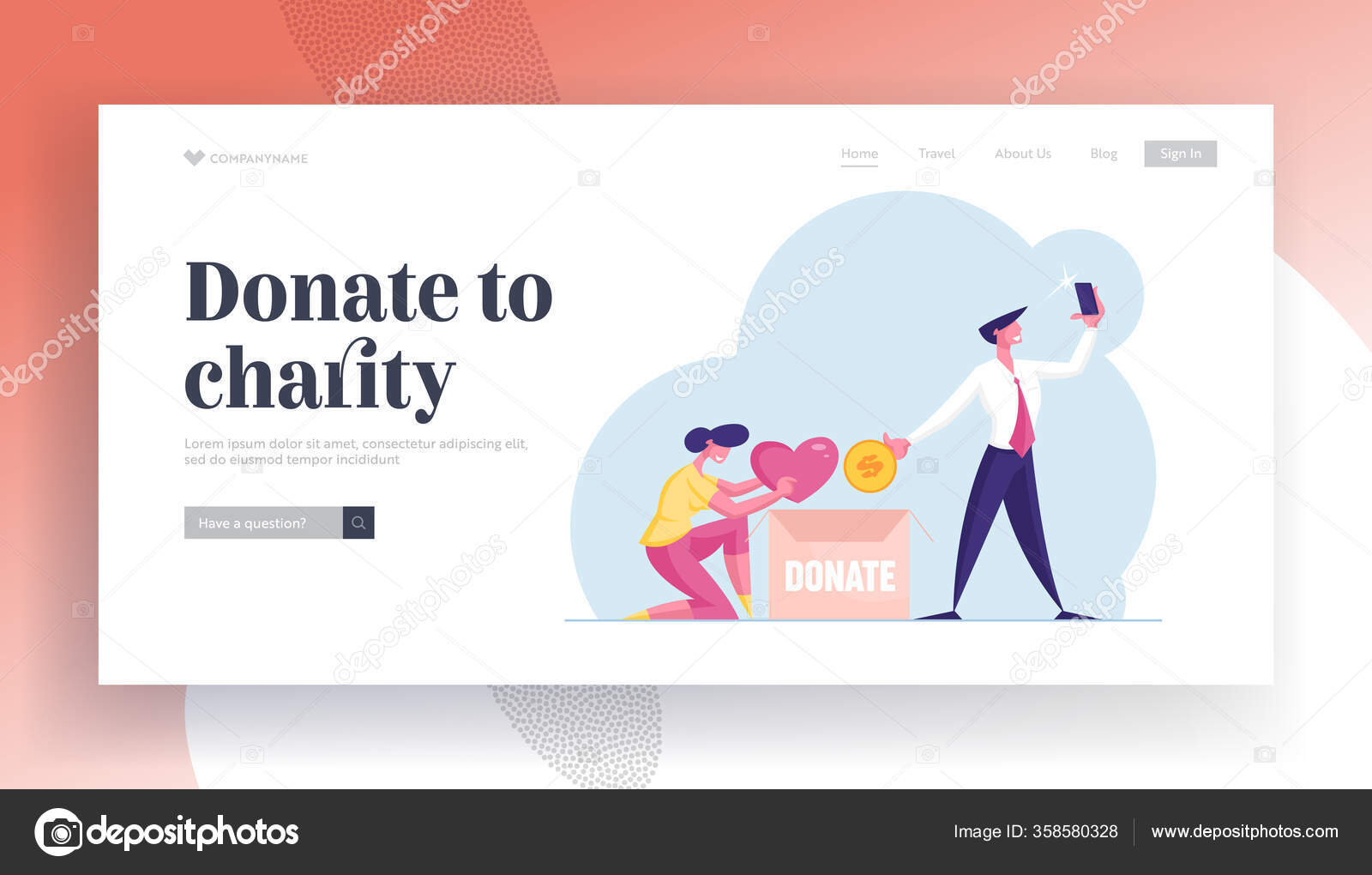 기부와 이타주의가 템플릿 페이지에 도달하다. 셀프 리스 우먼 (Selfless Woman) 은 기부 함에 하트를 넣고, 진실하지 않은  사업가 캐릭터는 골드 코인을 넣고, 셀피를 인터넷으로 만들었다. 카툰 사람들이 보여 주는 반사기 스톡 벡터 - ©