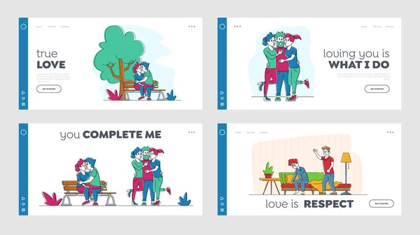 Besar a la gente, el amor y el hogar Escándalo Landing Page Template Set. Personajes masculinos y femeninos Beso, abrazo y pasar tiempo juntos. Esposa y Marido Quarrel y Violencia Conyugal. Ilustración de vectores lineales — Archivo Imágenes Vectoriales