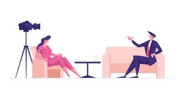 Prodüksiyon Stüdyosu Konsepti 'nde canlı haber ya da finans programı. Mass Media Television with Male and Female Presenter Characters, Global Breaking Business News. Çizgi film İnsanları Vektör İllüstrasyonu