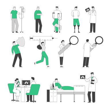 Bir dizi Doktor ve Hasta Karakteri. Bacak kırığı ve protezi olan engelli insanlar, damla tedavisi ve MR tarayıcısı. Tıbbi Klinik Odasında yatan hasta kişi. Doğrusal Vektör İllüstrasyonu