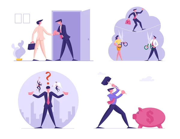 Set of Business People with Scissors Prepare to Cut Rope with Walking Man. Characters Handshake, Choosing Wrong or Correct Way with Angel and Devil, Hitting Piggy Bank. Cartoon Vector Illustration — Stock Vector