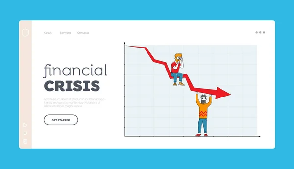 Mislukt behalen van winst, economische recessie Landing Page Template. Verdrietig Zakelijke Mensen Karakters en Verlaag Red Arrow Chart. Business on Falling Down Graph Financieel Risico. Lineaire vectorillustratie — Stockvector