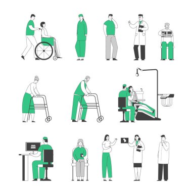 Beyaz arka planda izole edilmiş bir grup doktor ve hasta var. Erkek Kadın Karakterler Hastanesi Ziyaretçileri ve Personeli. Engelli, Hamile Kadın Sağlık Kontrolü, Diş Hekimliği. Doğrusal İnsanlar Vektör İllüstrasyonu