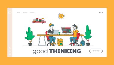 Teamwork and Partnership Landing Page Template. Successful Team in Coworking Space Developing Project Creative People Characters in Office Working with Laptop and Computers. Linear Vector Illustration clipart