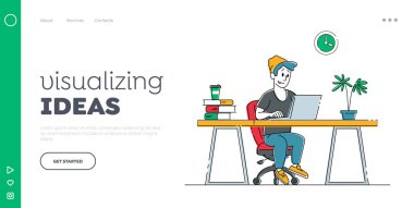 Uzaktan Serbest Çalışma İniş Sayfa Şablonu. Koltukta oturan serbest çalışan bir adam dizüstü bilgisayarda çalışıyor. Evde Yaratıcı Çalışan Programcı ya da Tasarımcı Karakter Çalışması. Doğrusal Vektör İllüstrasyonu
