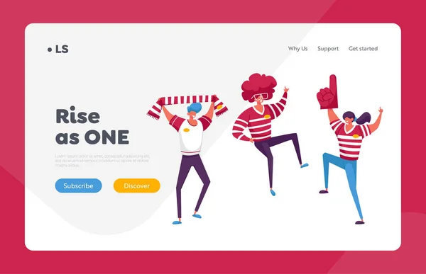 Friends People Group with Red T-shirts Having Fun pada Sport World Championship Landing Page Template (dalam bahasa Inggris). Football Fans Characters Cheering Watching Match di Stadium. Ilustrasi Vektor Kartun - Stok Vektor