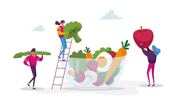 Genç İnsan Karakterleri Dev Sebzeler, Meyveler ve Meyveleri Cam Kâse 'ye koyar. Sağlıklı Vegan Gıda Seçimi, Ürünlerde Vitamin, Organik Yeşillik, Meyve ve Sebzeler. Çizgi film Vektör İllüstrasyonu