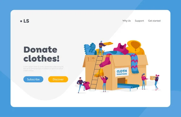 Plantilla de Landing Page de donación y caridad. Personajes de Voluntarios Diminutos Llevando Ropa Diferente para Personas Pobres en Situación de Vida Complicada a Enorme Caja con Transportador. Ilustración de vectores de dibujos animados — Vector de stock