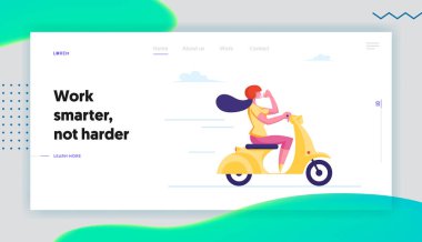 İş İniş Sayfası Şablonunda Taşınmak için Scooter Eco Taşıma Aracı kullanan Kadın Ofis İşçisi. Koruyucu Miğfer Giyen, Moped İçen Kahve İçen İş kadını Karakteri. Çizgi film Vektör İllüstrasyonu