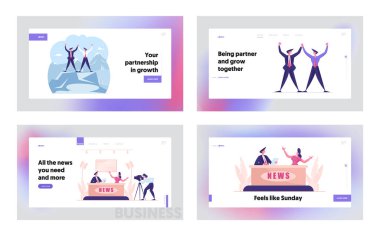 Canlı Haber Yayın, Şirket Ortaklığı İniş Sayfa Şablonu. Stüdyo Gösteri Televizyon Programında TV Sunucuları Karakterleri. İş ortakları el ele tutuşun. Çizgi film İnsanları Vektör İllüstrasyonu