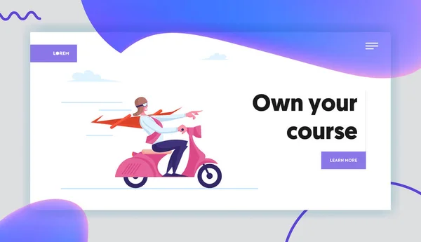 Super Employee Zakelijk Succes, Leiderschap, Professionaliteit Landing Page Template. Superheld Karakter in Red Cloak en Pilot Helm Riding Scooter Wijzende Directie. Cartoon Vector Illustratie — Stockvector