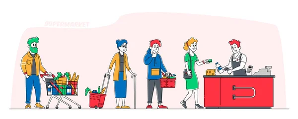 Coda dello shopping al supermercato. Personaggi del Cliente con Merce in Carrello, Carrello e Stand Carrello alla Cassa Pagando per gli Acquisti Carte di Credito. Vendita, consumismo. Illustrazione vettoriale delle persone lineari — Vettoriale Stock