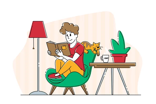 Eine junge Frau, die zu Hause auf einem gemütlichen Sessel sitzt, liest ein interessantes Buch, daneben schläft eine Katze. Weibliche Charaktere lesen Bücher Hobby. Reader Tiefe Eintauchen in die Fantasiewelt. Lineare Vektorillustration — Stockvektor