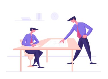 Yeni Çalışma Projesi veya Yaratıcı Fikir Geliştiren ve Tartışan İş Adamları. Ofis İş Yeri 'nde Planlı Masada Oturan Çalışan Karakterler, Beyin Fırtınası. Çizgi film Vektör İllüstrasyonu