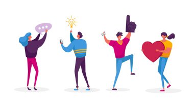 Sosyal Medya Ağı 'nda Sohbet Eden Genç Kişiler. Mobil Aygıtlarla Çevrimiçi İletişim Kuran Erkek Kadınlar Sosyal Medya Simgeleriyle Akıllı Telefonlar Olarak Smm Konsepti. Çizgi film Vektör İllüstrasyonu