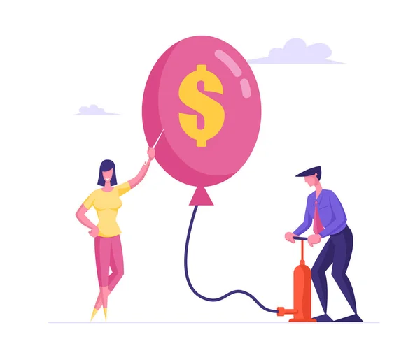 Inflation, Wirtschafts- oder Finanzkrise, Bankrott, Kapitalverlustkonzept. Männliche Charaktere blasen Ballon mit Dollarzeichen mit Pumpe auf, Frau hält Nadel zum Pierce.Cartoon People Vector Illustration — Stockvektor