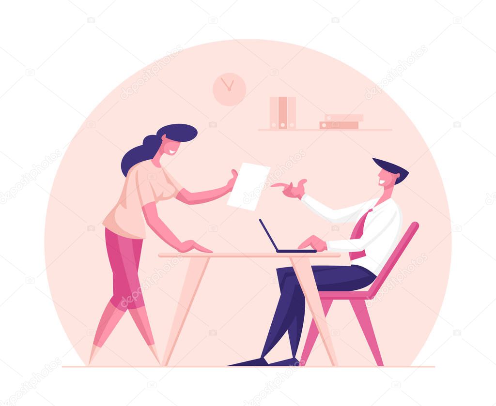 Creative Businesswoman Character Share Good Idea with Business Man Boss or Partner Sitting at Table with Laptop. Office Worker, Clerk Insight, Project Development. Cartoon People Vector Illustration