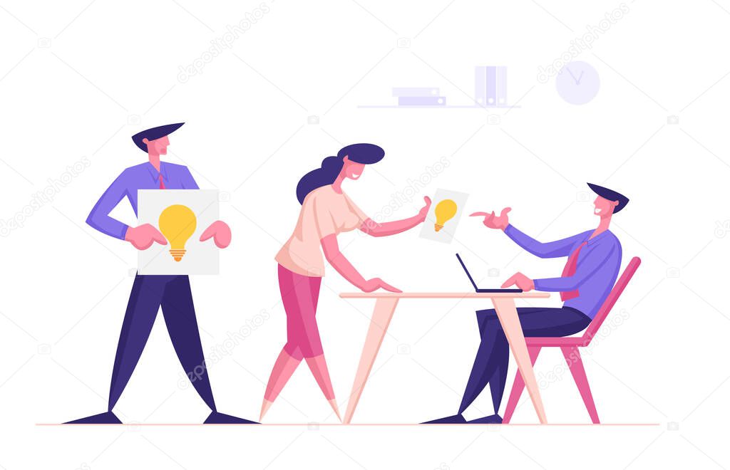 Business People Share Ideas with Boss. Male and Female Characters Giving Sheets with Light Bulbs to Manager Sitting at Desk in Office. Brainstorm, Insight, Task Solution. Cartoon Vector Illustration