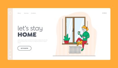 Haftasonu Ev Rahatlaması, Boş Zaman, Hayvan İniş Sayfası Şablonu Olan Kız. Pencere kenarında oturan Kedi Bekleme Bardağı İçen Kahve İçen Kadın Karakteri Pencereye Bakıyor. Doğrusal Vektör İllüstrasyonu