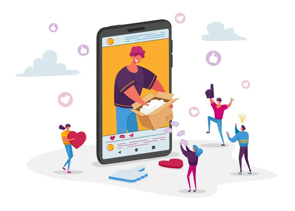 Moderne influencer of Fashion Blogger Recording Video op Smartphone Uitpakken Kartonnen Doos. Mannelijke en vrouwelijke personages Kijken Omroep Expertise voor Product. Cartoon People Vector Illustratie — Stockvector