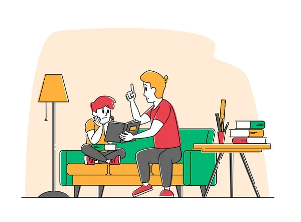 Young Man Tutor or Father and Little Schoolboy Sitting on Couch, Boy Reading Textbooks, Male Character Explain Lesson. Domestic Education at Home, Homeschooling. Linear People Vector Illustration — Stock Vector