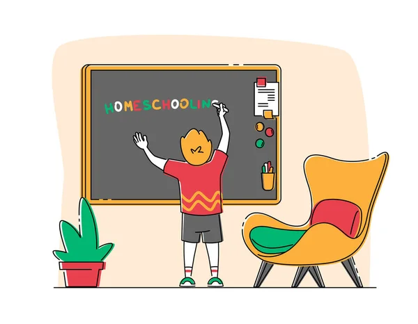 Ο χαρακτήρας του μικρού αγοριού γράφει κατ 'οίκον διδασκαλία λέξεων στο Chalkboard στην τάξη. Εκπαίδευση και απόκτηση γνώσης στο σπίτι Concept. Διεργασία εξ αποστάσεως εκπαίδευσης Οικιακές Σπουδές. Γραμμική διανυσματική απεικόνιση — Διανυσματικό Αρχείο