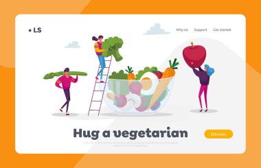 Sağlıklı Vegan Gıda Seçimi İniş Şablonu. Genç İnsan Karakterleri Dev Sebzeler, Meyveler ve Meyveleri Cam Kâse 'ye koyar. Ürünlerde vitaminler, Organik Yeşillik. Çizgi film Vektör İllüstrasyonu