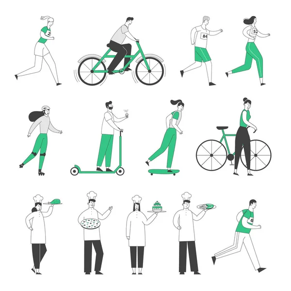 Set de caracteres femeninos masculinos estilo de vida saludable montar en bicicleta, scooter y monopatín, correr maratón. El personal del restaurante sostiene bandejas con comida aislada sobre fondo blanco. Personas lineales Vector Ilustración — Archivo Imágenes Vectoriales