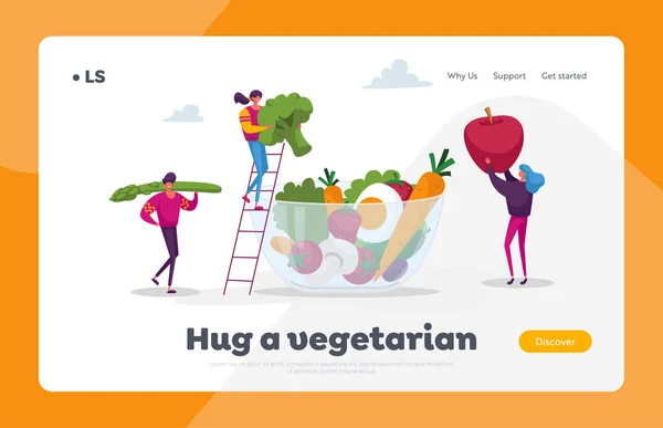 Sano Vegan Food Choice Landing Page Template. I personaggi dei giovani mettono enormi verdure, bacche e frutta in una ciotola di vetro. Vitamine nei prodotti, verde biologico. Illustrazione del vettore del fumetto — Vettoriale Stock