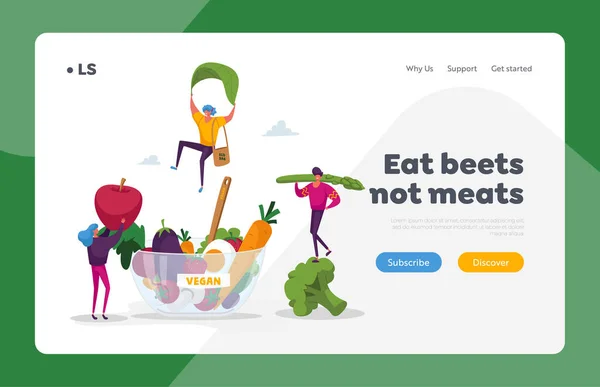 Organic Vegan Food Choice Landing Page Template. Personaggi minuscoli portano frutta e verdura in ciotola enorme. Dieta vegetariana come fonte di salute, stile di vita sano. Illustrazione del vettore della gente del fumetto — Vettoriale Stock