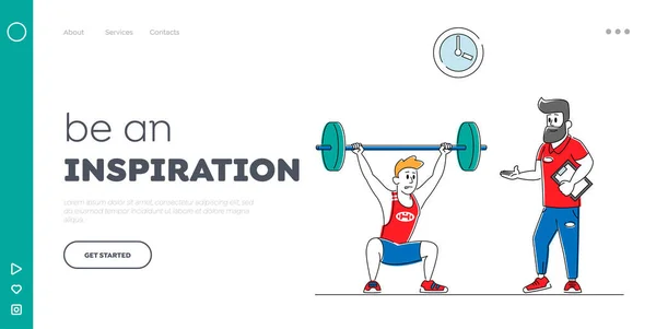 Bodybuilding Exercises, Sport Activity, Healthy Lifestyle Landing Page Template. Sportsman Powerlifter Training in Gym with Coach. Male Character Workout with Weight. Linear People Vector Illustration