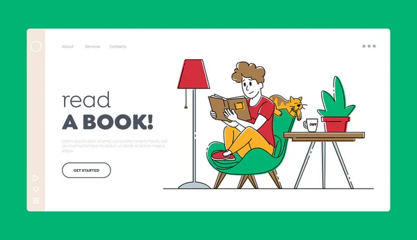 Female Character Reading Books Hobby Landing Page Template. Young Woman Sitting on Armchair at Home Read Book with Cat Sleeping. Reader Deep Immersion to Fantasy World. Linear Vector Illustration — Stock Vector