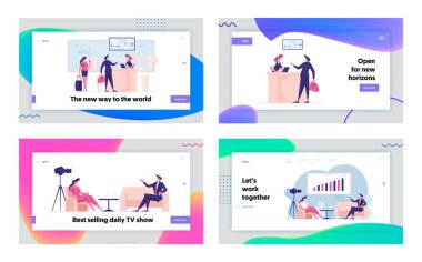 Havaalanı, Canlı Haber veya Program Yayın İniş Şablonu Şablonu 'nda Karakter Kaydı. İnsanlar Stüdyoda Belgeleri Personele, Sunuculara Finans Gösterisi Veriyor. Çizgi film İnsanları Vektör İllüstrasyonu