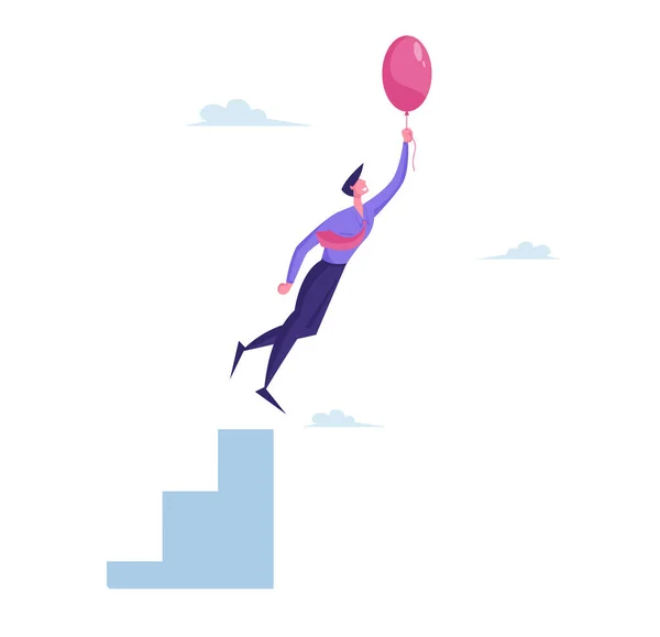 Business Man Flight Adventure, Career Growth and Escaping Crisis. Homme d'affaires personnage volant avec ballon à air dans l'air. Inspiration, progrès et concept de solution créative. Illustration vectorielle de bande dessinée — Image vectorielle