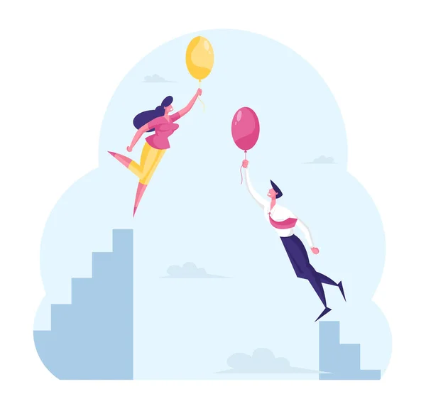 Personnages d'affaires masculins et féminins survolant avec des ballons pneumatiques. Businessman and Businesswoman Career Development, Success, Outstanding Persons Uniqueness Concept. Illustration vectorielle des personnages de bande dessinée — Image vectorielle