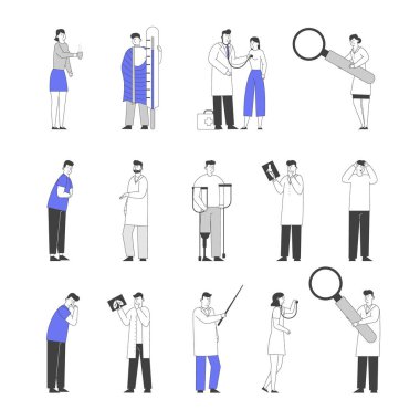 Bir dizi Doktor ve Hasta Karakteri. Bacak kırığı ve protezi olan engelli insanlar, röntgenler ve MR tarayıcı görüntüsü. Tıbbi Klinik Odasında Hastalık Tedavisi. Doğrusal Vektör İllüstrasyonu