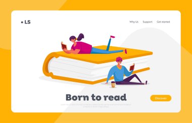 İnsanlar Büyük Kitap İniş Şablonu 'nu okuyor. Genç Kadın ve Erkek Öğrenciler Kütüphanede Zaman Geçiriyor ya da Sınav Karakterleri Bilgi Topluyor. Çizgi film Vektör İllüstrasyonu