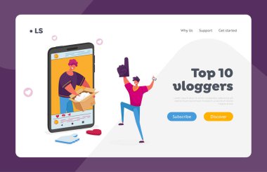 Çevrimiçi Paket Açılma Sayfa Şablonu. İnternet günlüğü için Erkek Etki Karakteri Alım Boksu Açılma Kayıt Videosu. Blogger Video Ürün İncelemesi. Çizgi film İnsanları Vektör İllüstrasyonu