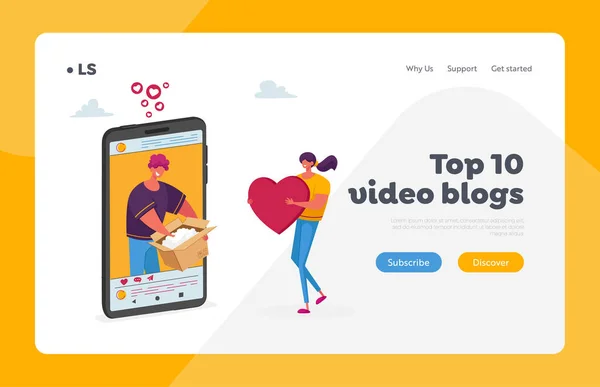 Beoordeling voor Product Landing Page Template. Blogger Karakter Open Pakket Shooting Blog Opname Video met Pakket Opening op Enorme Smartphone Screen, Vrouw geven als. Cartoon People Vector Illustratie — Stockvector