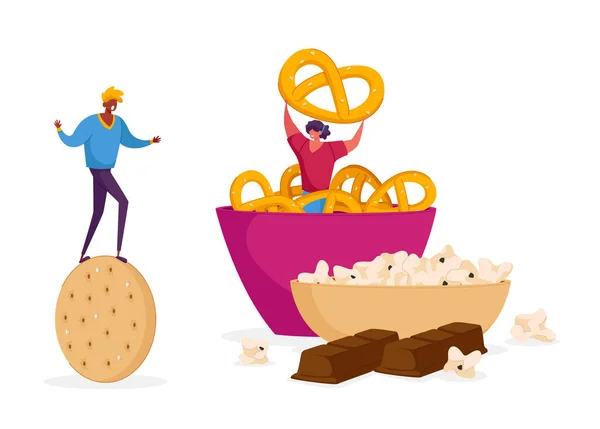 Snack, Fast Food magas szénhidráttartalmú koncepcióval. Apró férfi női karakterek hatalmas süti keksszel a Bowl-ban sült perecekkel. Magas kalóriatartalmú, egészségtelen táplálkozás. Rajzfilm emberek vektor illusztráció — Stock Vector
