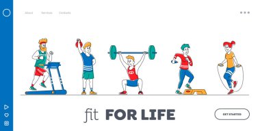 Spor Malzemeleri ile Beden İndirme Sayfa Şablonu Ayarında Karakter Eğitimi. Kilo alıp spor yapan, koşu bandında koşan insanlar. Spor Aktivitesi, Sağlıklı Yaşam. Doğrusal Vektör İllüstrasyonu