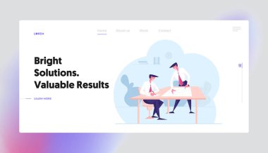 Business People Karakterleri Ofis İniş Sayfası Şablonunda Proje Tartışması Yaptı. Şirket Takım Çalışması İşbirliği. Çalışma Süreci Yönetimi, Veri Analizi, Fikir Geliştirme. Çizgi film Vektör İllüstrasyonu