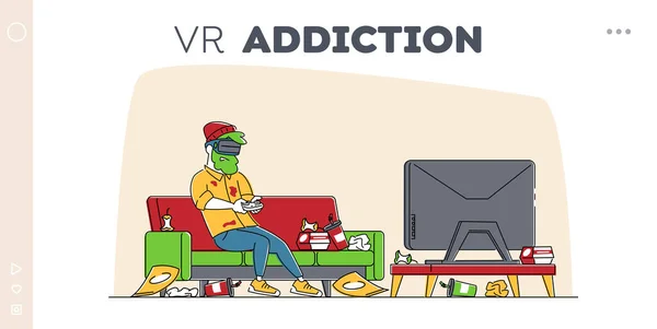 Gaming verslaving, Virtual Reality Simulation Hobby Landing Page Template. Man Gamer Karakter Het spelen van Video Game in VR Goggles met rommelige vuilnis rond, Entertainment. Lineaire vectorillustratie — Stockvector