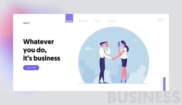 Falsificare e tradire Business Partnership Landing Page Template. Personaggi di uomini d'affari che tengono maschera nascondendo volti e agitando le mani. Contratto di truffa disonesto, falso. Illustrazione del vettore del fumetto — Vettoriale Stock