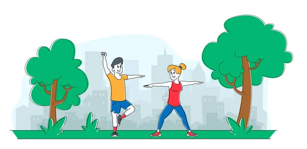 Emberek Sport gyakorlatok a parkban. Férfi és női karakterek Kültéri jóga aktivitás koncepció. Fitness, edzés különböző pózokban, nyújtás egészséges életmód, szabadidő. Lineáris ember vektor illusztráció — Stock Vector