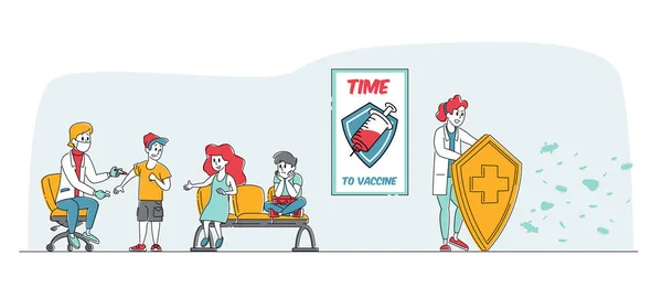 Концепция медицинской вакцинации. Персонаж доктора держит огромный щит, защищая медсестру от вакцинации детей, защищая от вирусов, иммунизации здоровья. Вектор линейных людей — стоковый вектор